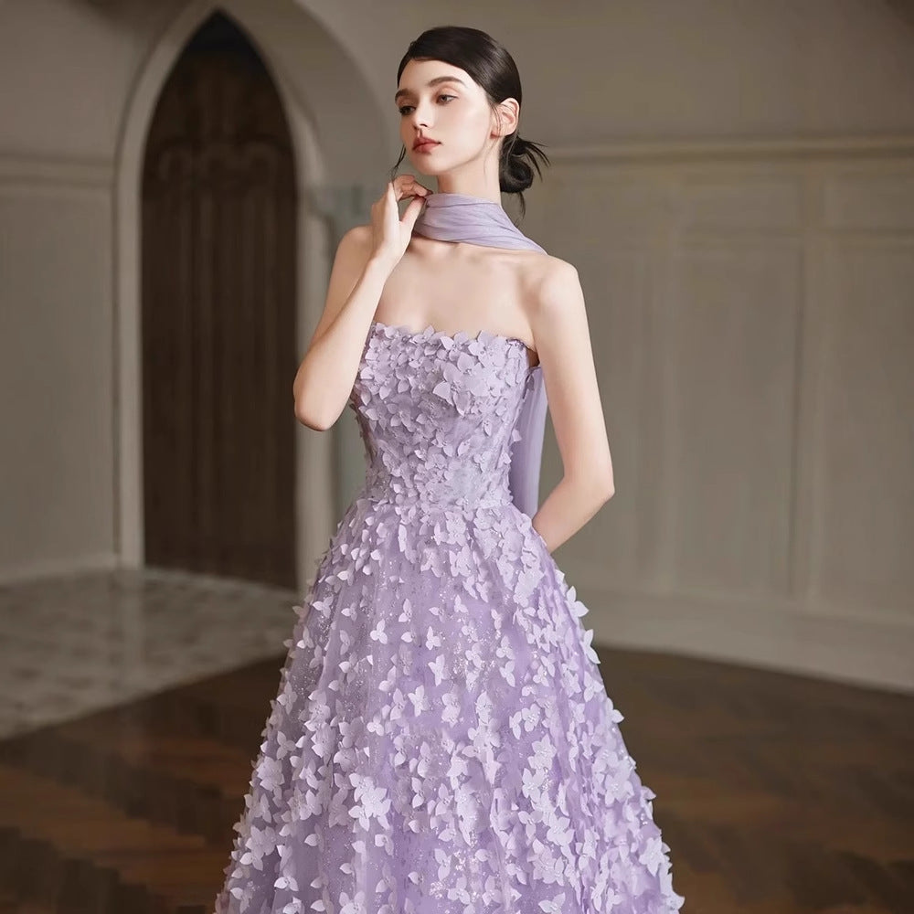Arlene Floral Strapless Evening Gown - Purple