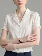 Flowering Girl Women Lace Trim Notched Collar Ruched Crop Short Sleeve Blouse