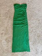 Strapless Front Keyhole Ruched Side Slit Midi Bodycon Dress