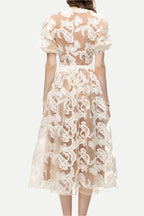 alisa mesh embroidered puff sleeves midi dress in beige