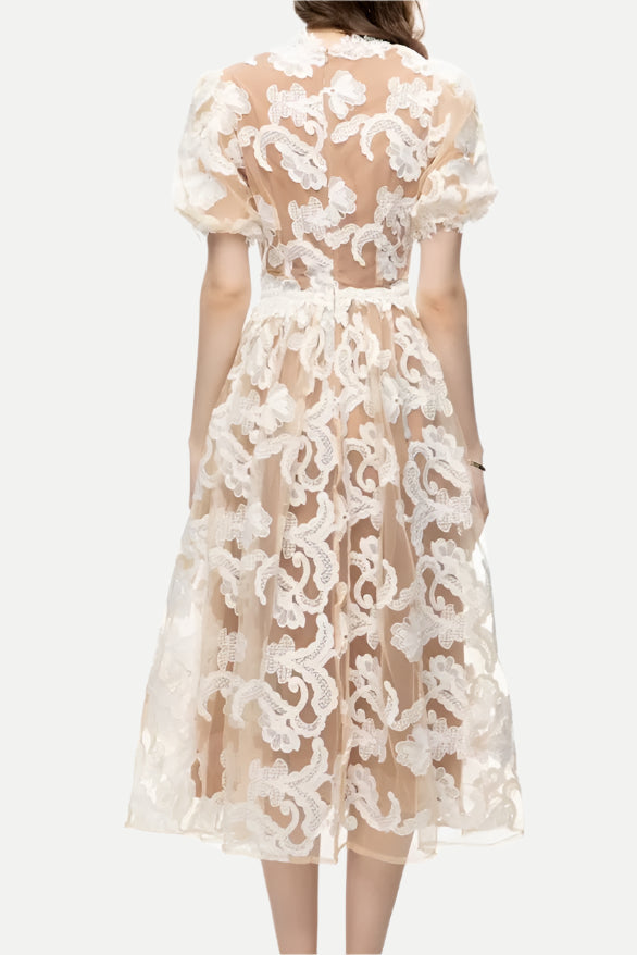 Flowering Girl Women Alisa Mesh Embroidered Puff Sleeves Midi Dress In Beige