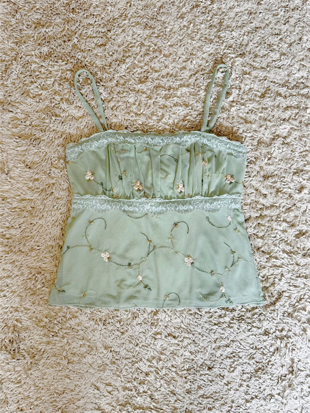 Floral Embroidery Lace Trim Mesh Cami Top