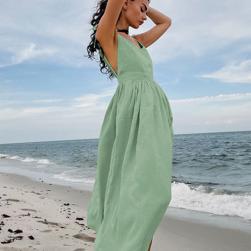 Flowering Girl Women cotton linen backless strap midi dress