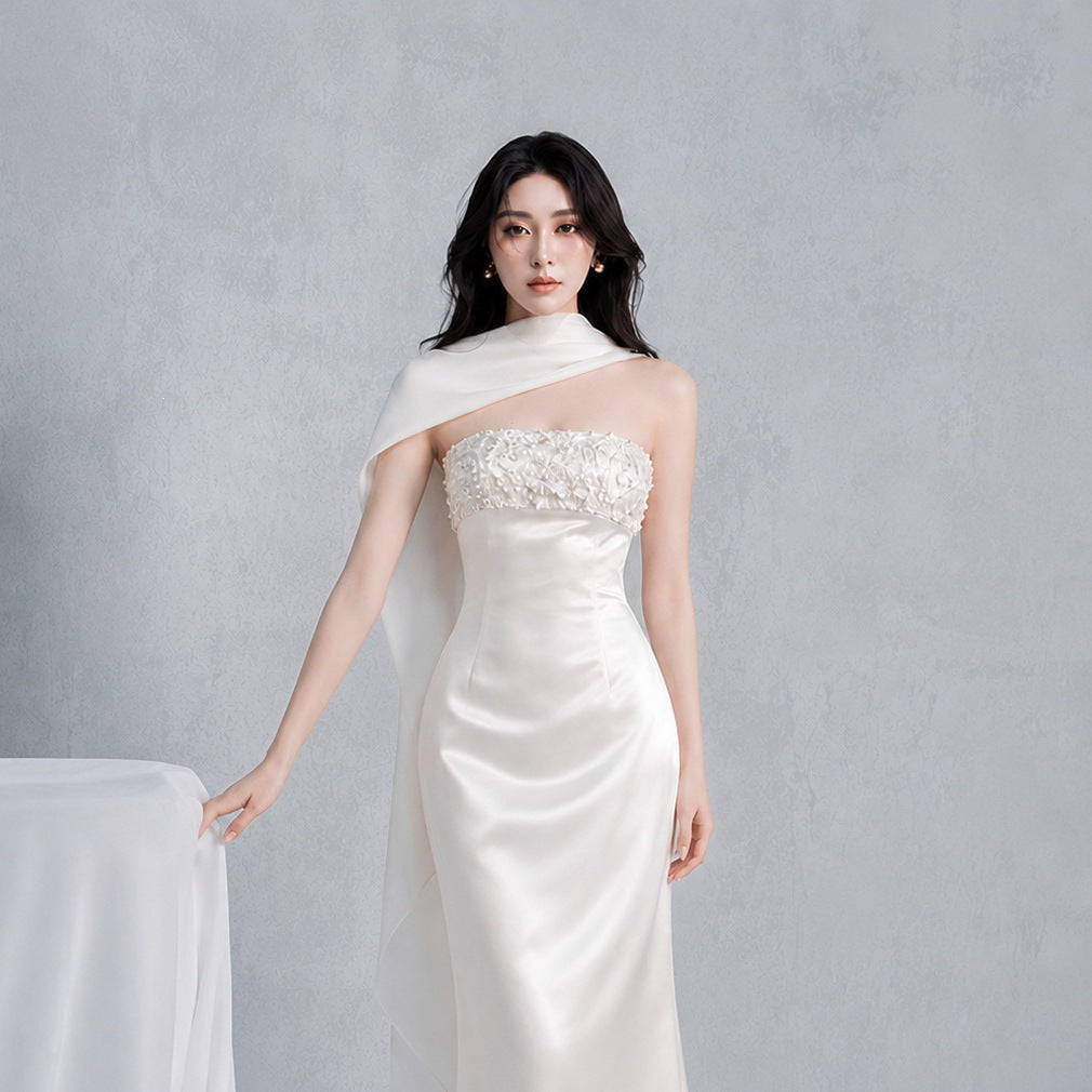 Flowering Girl Women sylvia rhinestone embellish strapless satin maxi dress - white