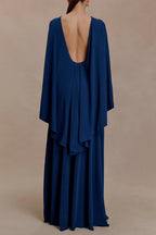 Flowering Girl Women navy open back cape pleated maxi dress