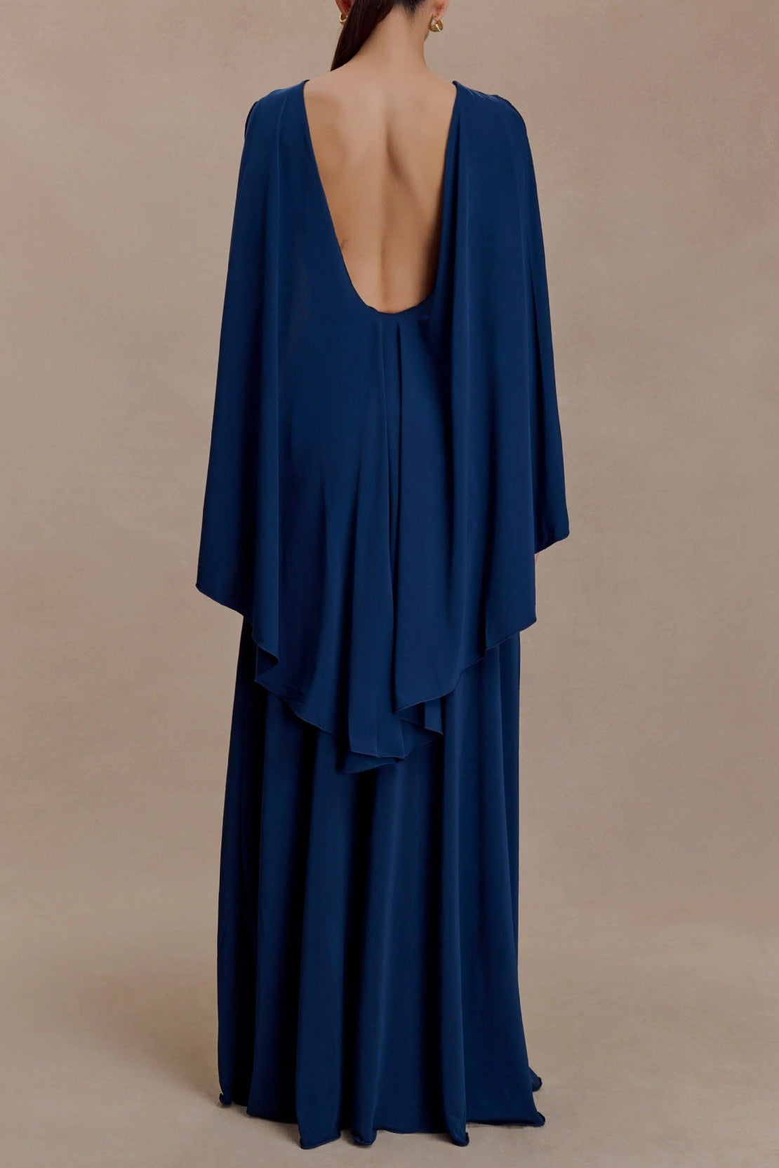 Flowering Girl Women navy open back cape pleated maxi dress