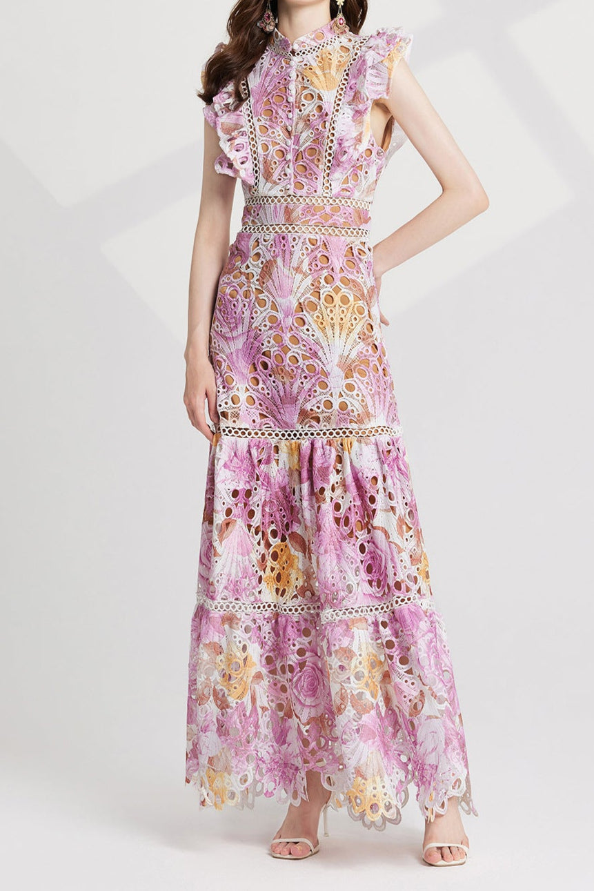 Flowering Girl Women chloe hollow out flower embroidery maxi dress in pink purple