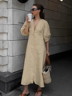 Flowering Girl Women Loose-fitting puff sleeve V-neck cotton linen midi dress