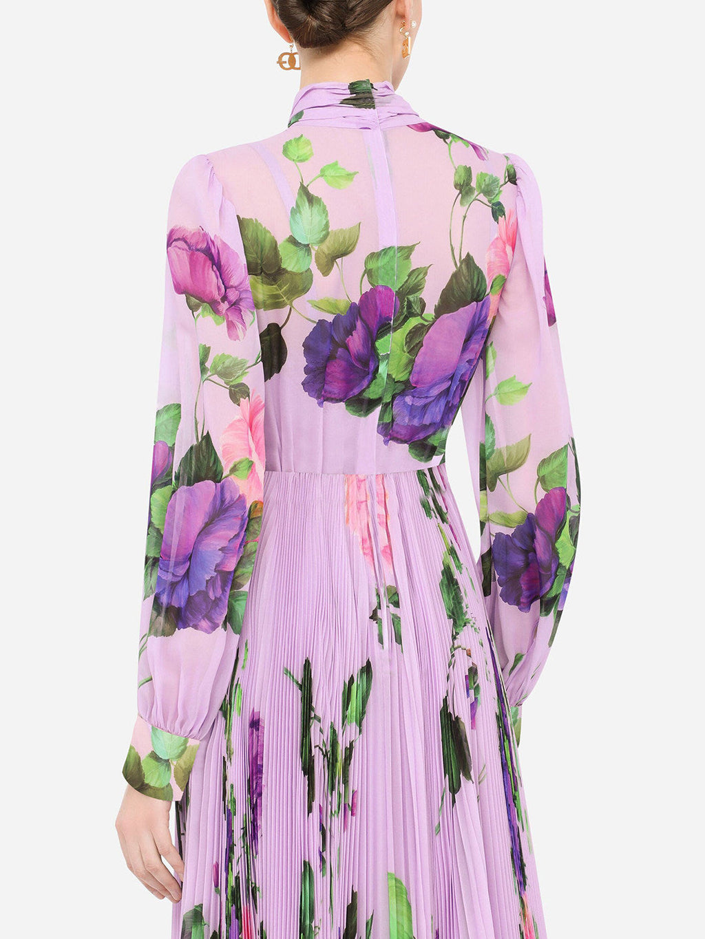 Purple Floral Printed Long Sleeve Pleated Dress