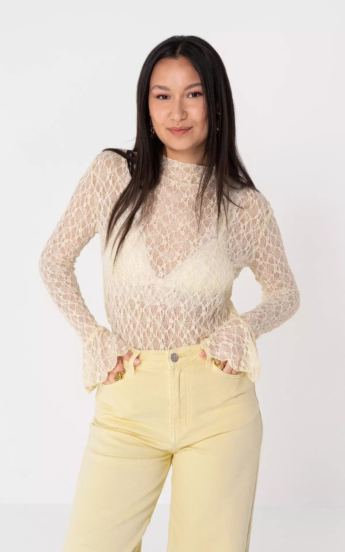 Flowering Girl Women Lace Long-Sleeved Base Shirt See-Through Inner Cut-Out Top