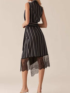 Sleeveless Striped Blazer Midi Dress with Lace Trim