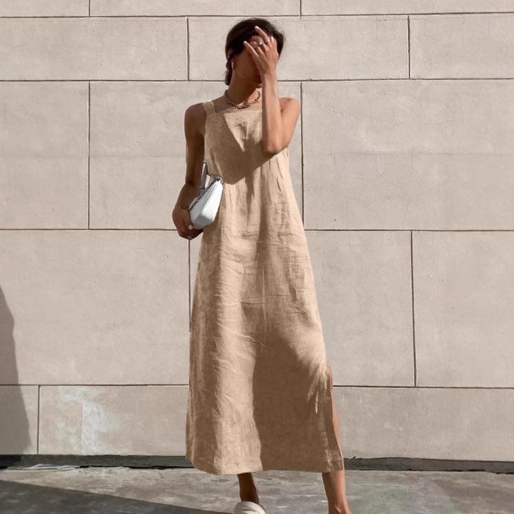 Flowering Girl Women cotton linen side slit strap midi dress