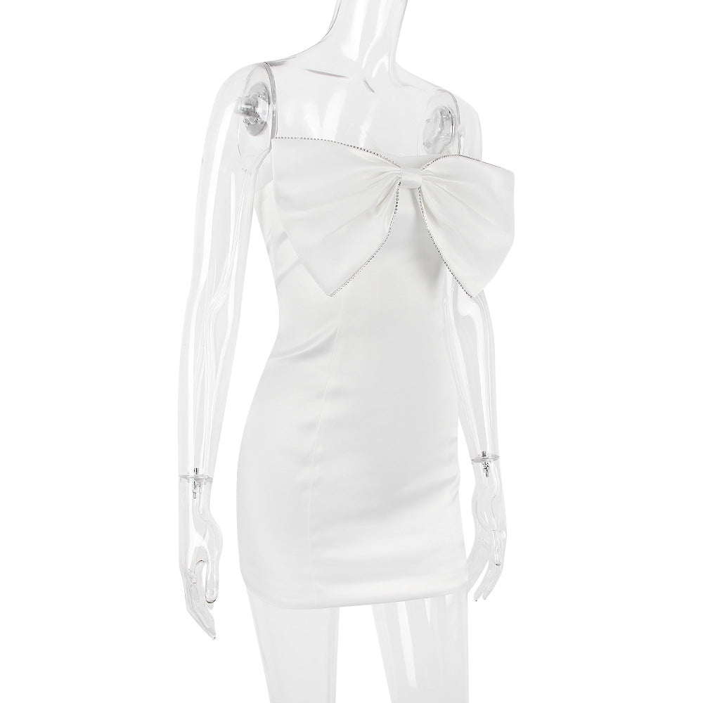 SATIN CRYSTAL EMBELLISHED BOW DRESS IN WHITE