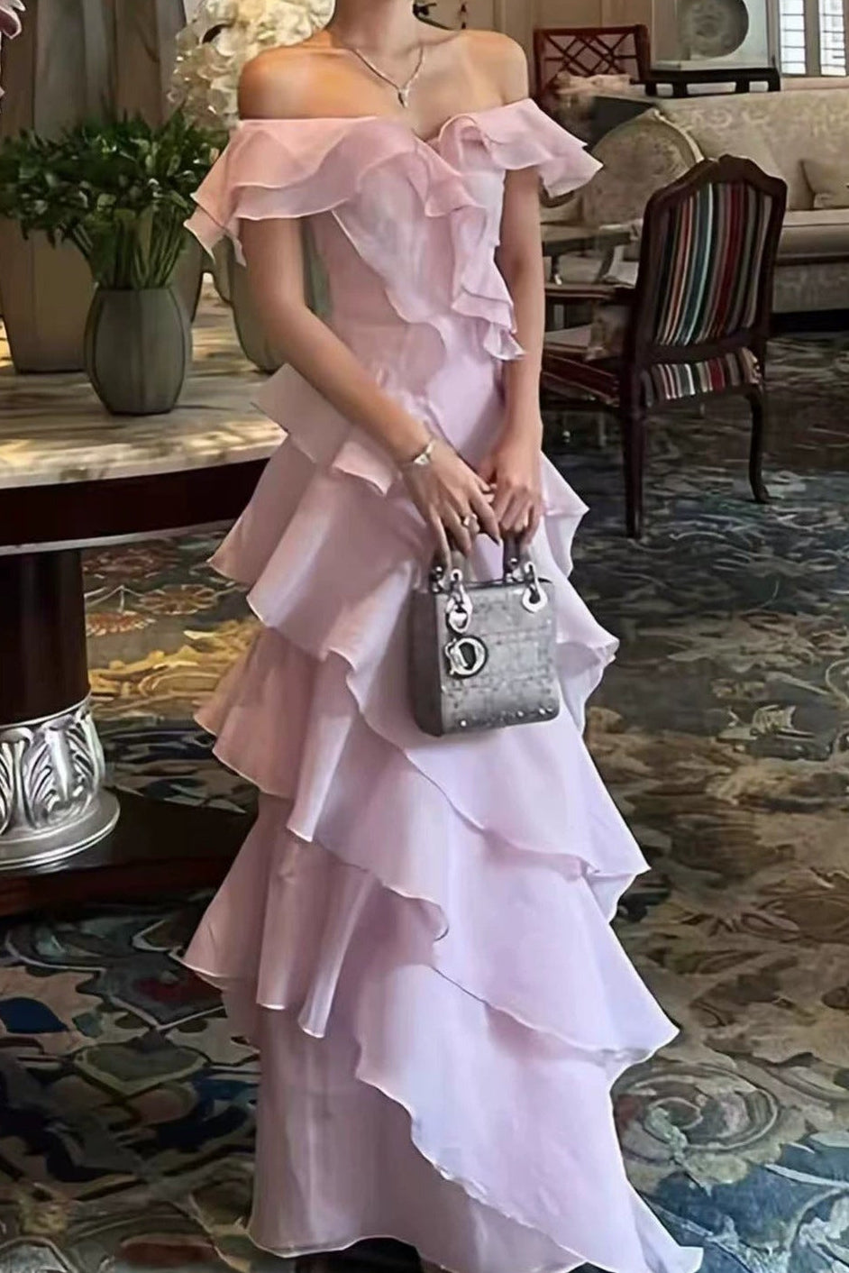 Off Shoulder Ruffled Layer Chiffon Maxi Evening Dress