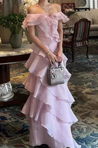 Off Shoulder Ruffled Layer Chiffon Maxi Evening Dress