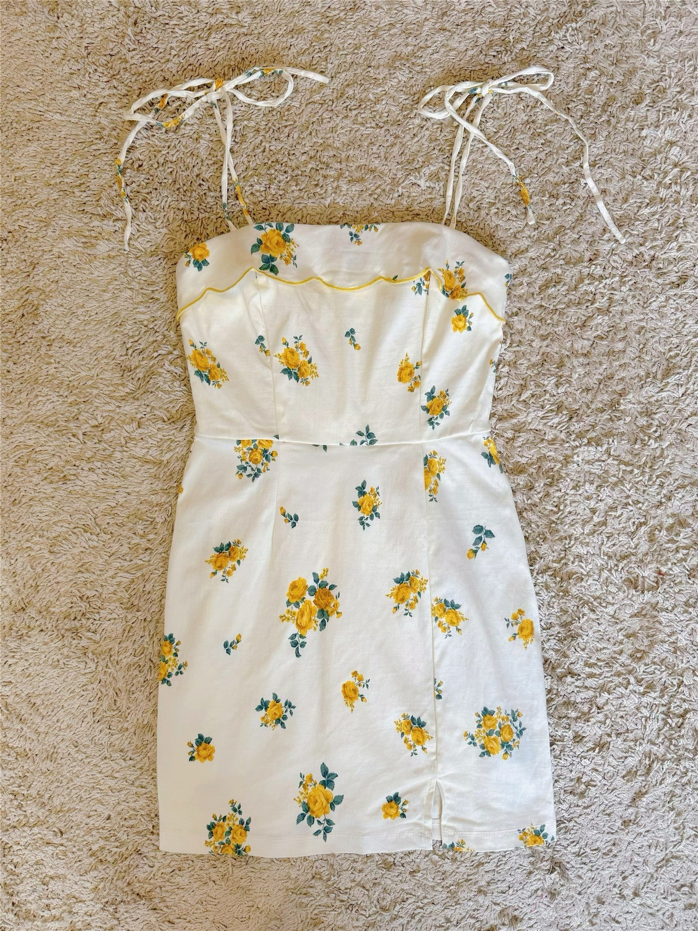 Tie Strap Yellow Floral Split Mini Dress
