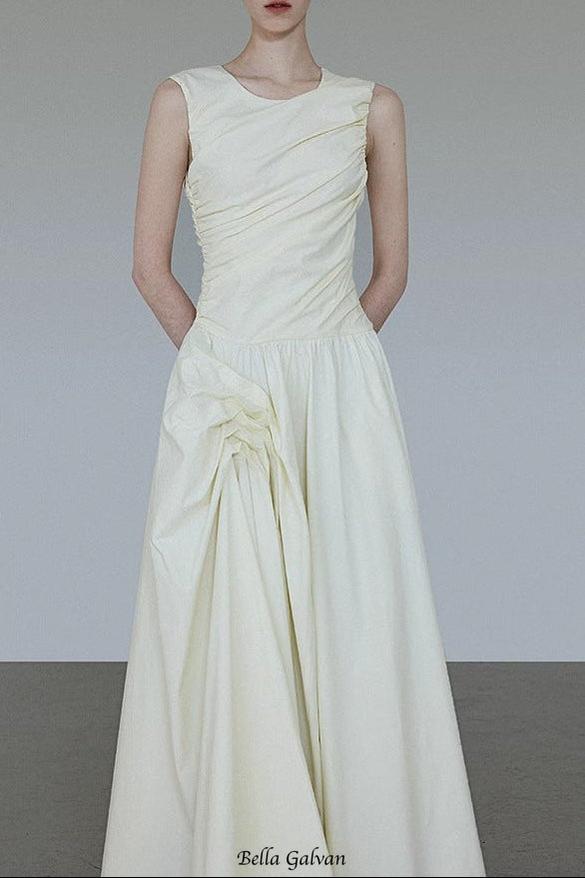 jenny ruched a-line sleeveless midi dress in apricot