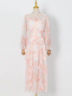 Flowering Girl Women puff long sleeve tiered ruffle hem maxi dress in pink
