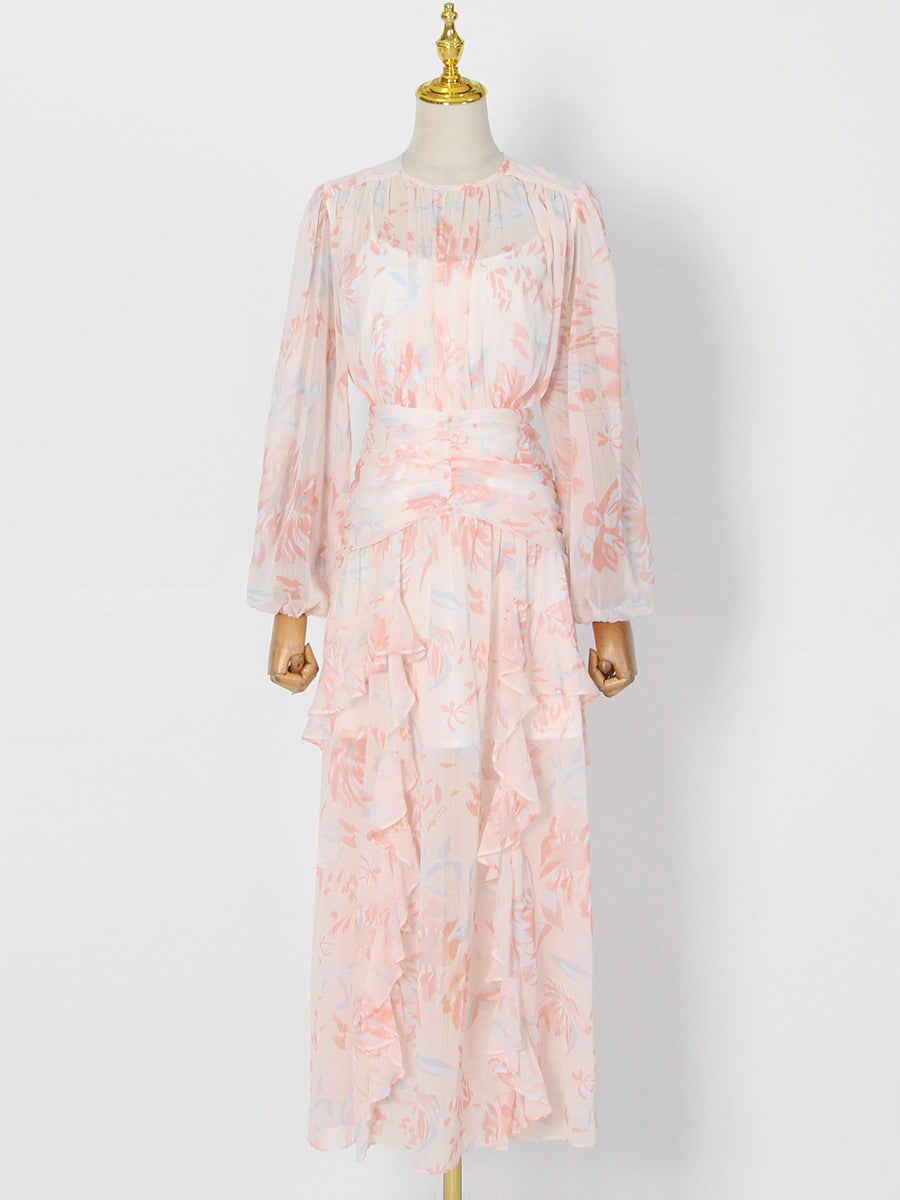 Flowering Girl Women puff long sleeve tiered ruffle hem maxi dress in pink