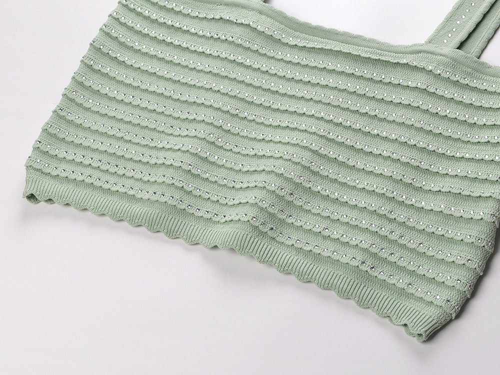 Flowering Girl Women Rhinestone Trim Knit Crop Top In Almond Green