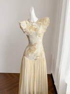 Cream Lace Floral Embroidered Maxi Dress With Ruffled Sleeves