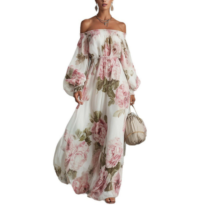Flowering Girl Women off-shoulder Print lantern sleeve maxi dress