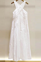 Flowering Girl Women High Crossover V-Neck Pleated Maxi Dress In White