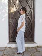 White Cut-Out Embroidery Lace Short-Sleeved Shirt Top
