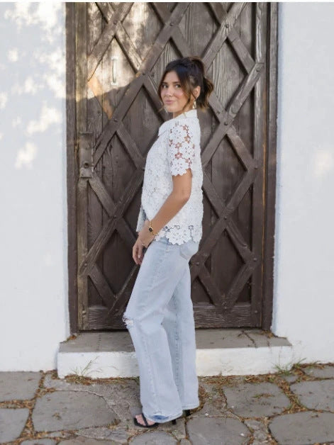 White Cut-Out Embroidery Lace Short-Sleeved Shirt Top
