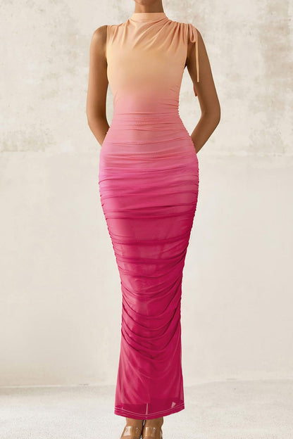 pink Mesh flowers sleeveless crew neck dress