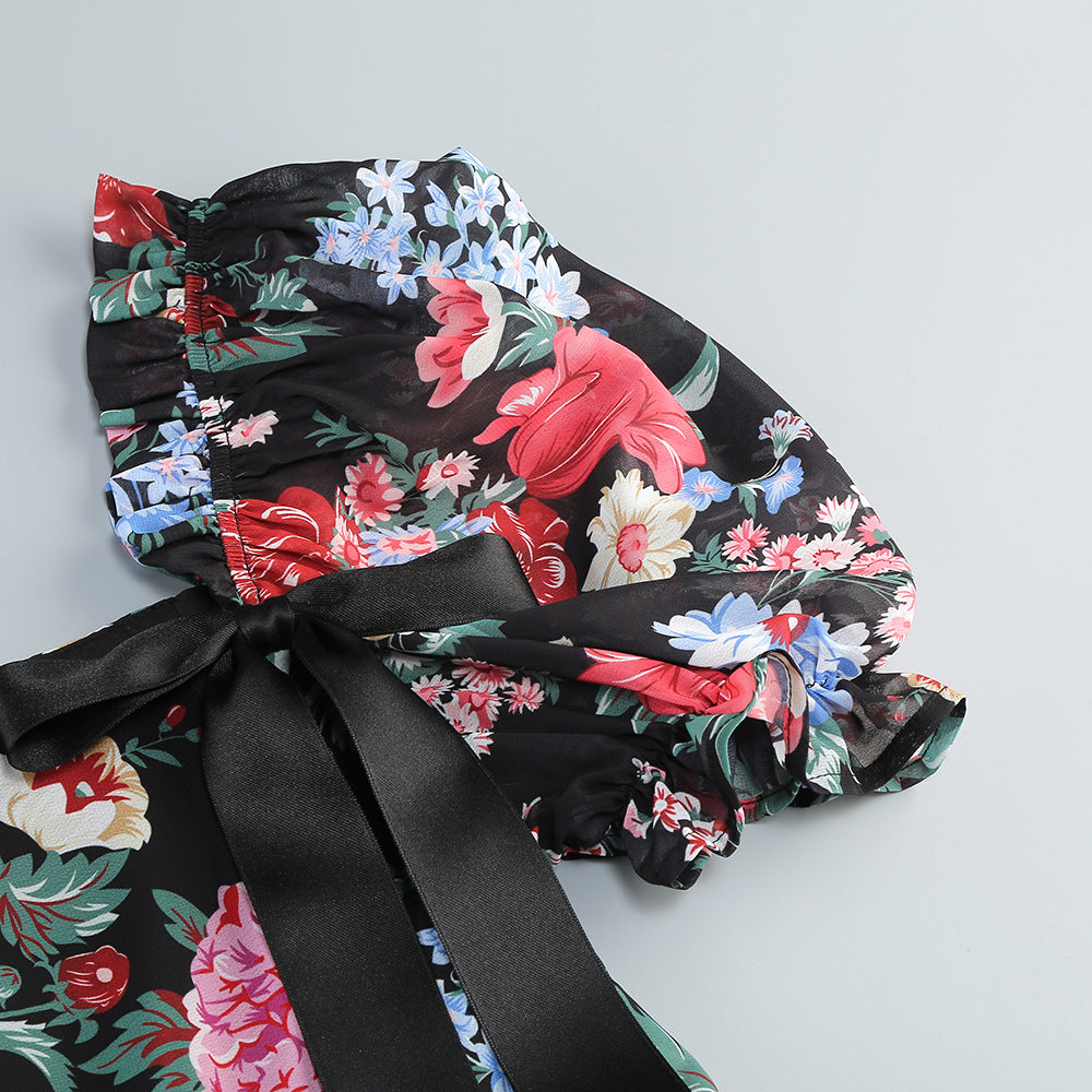 basia floral print ruffle trim hem puff mini dress