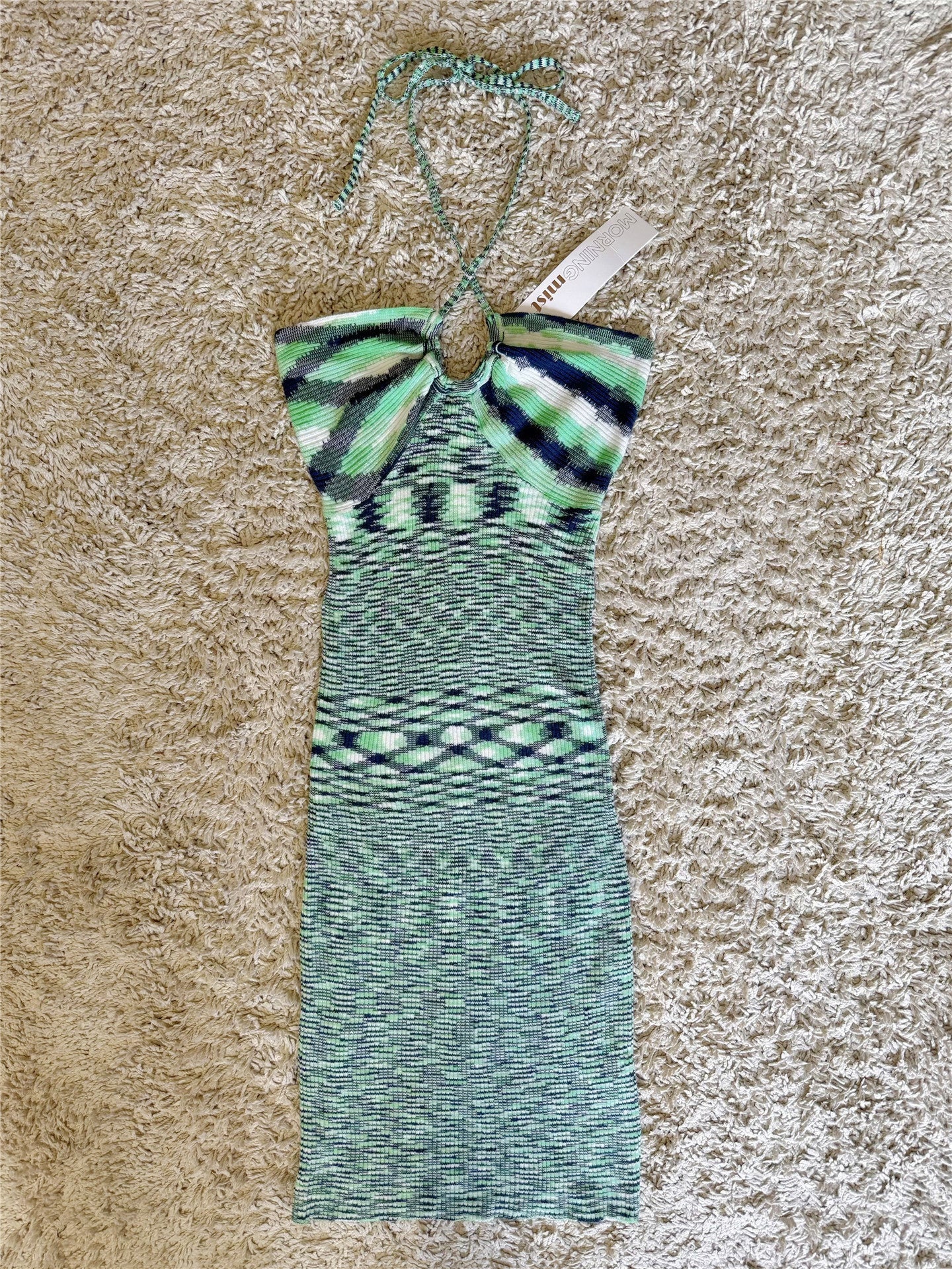 green knitted halterneck lace-up wrap dress