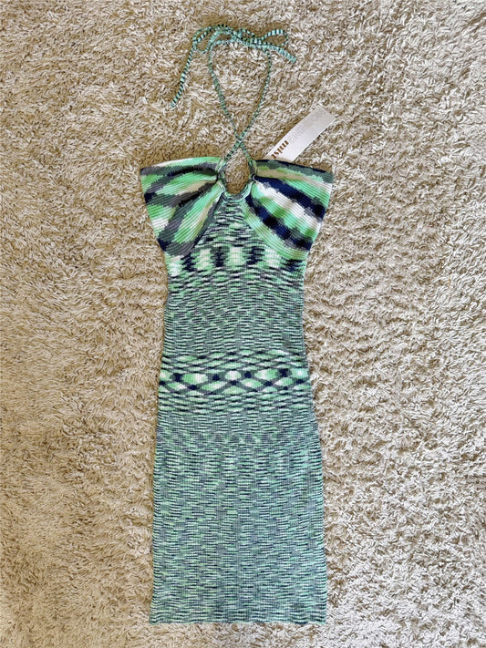 green knitted halterneck lace-up wrap dress
