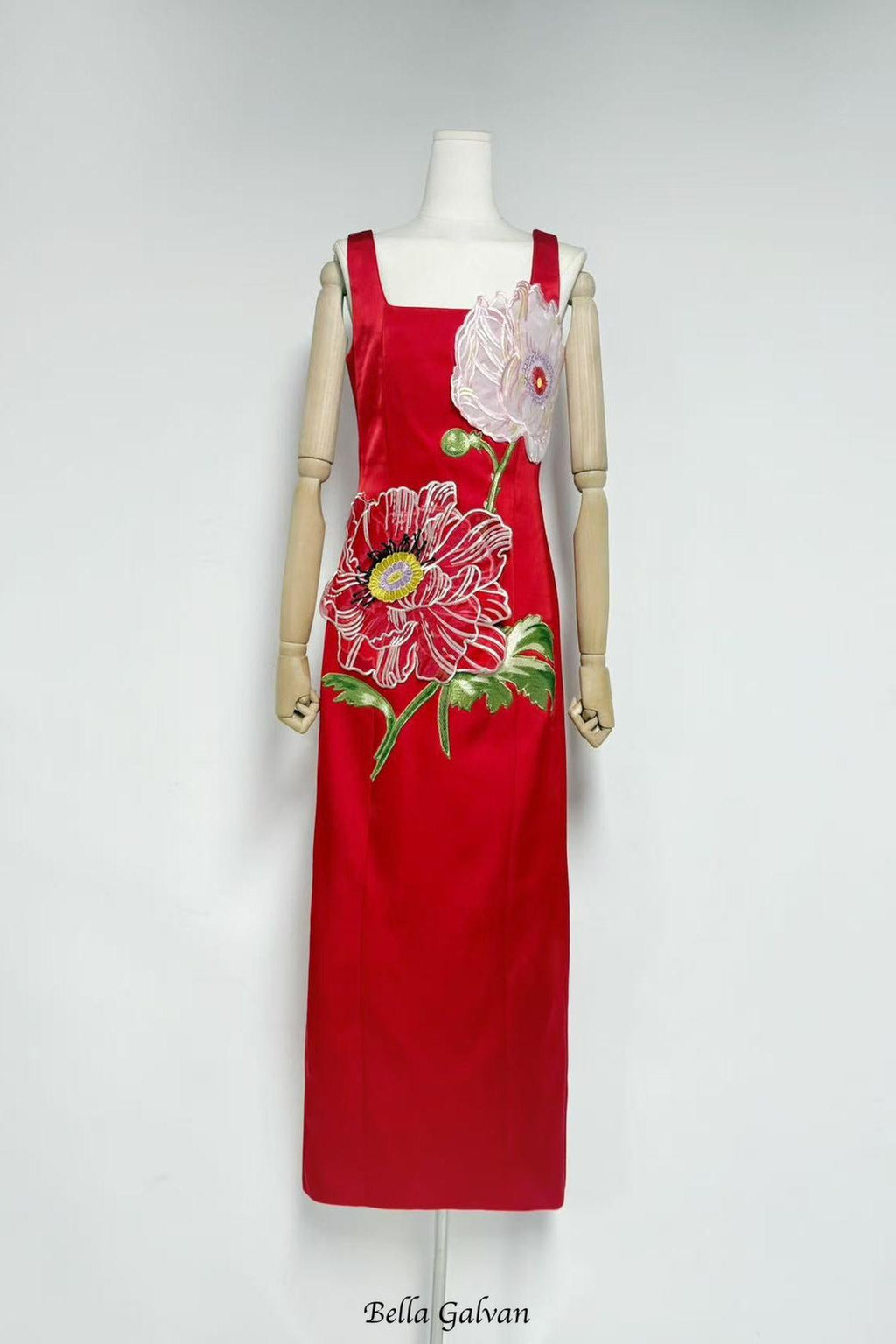 nicola square neck flower embroidery satin maxi dress in red