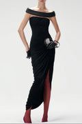 lola black Off-shoulder asymmetrical-draped high slit maxi dress