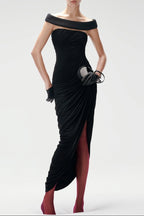lola black Off-shoulder asymmetrical-draped high slit maxi dress
