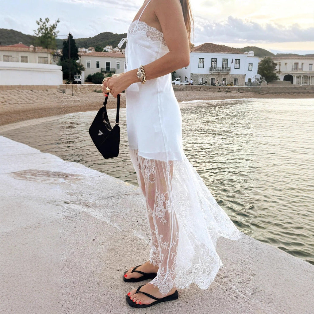 Flowering Girl Women Lace Hem Satin Slip Maxi Dress