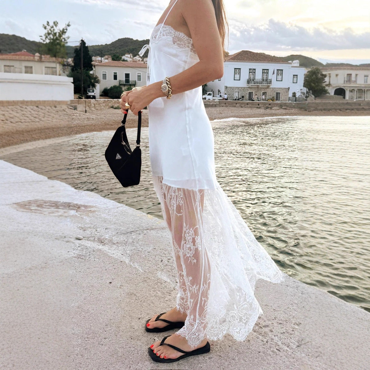 Flowering Girl Women Lace Hem Satin Slip Maxi Dress