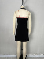 Flowering Girl Women Black Halter Deep V Neck Rhinestone Button Wrap Mini Dress Waist Tie Sleeveless Party Dress
