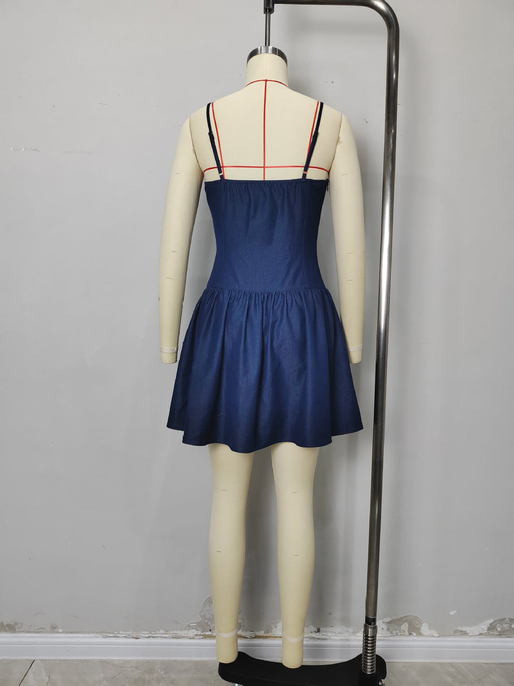 Flowering Girl Women Dark Denim Spaghetti Strap Square Neck Button Front Fit And Flare Mini Dress Summer Casual Dress