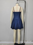 Flowering Girl Women Dark Denim Spaghetti Strap Square Neck Button Front Fit And Flare Mini Dress Summer Casual Dress