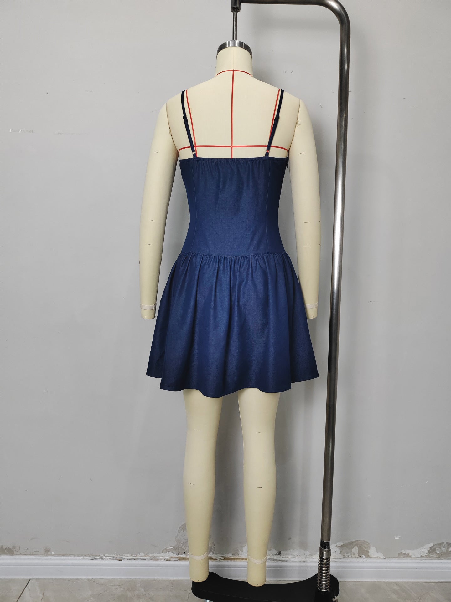 Flowering Girl Women Dark Denim Spaghetti Strap Square Neck Button Front Fit And Flare Mini Dress Summer Casual Dress