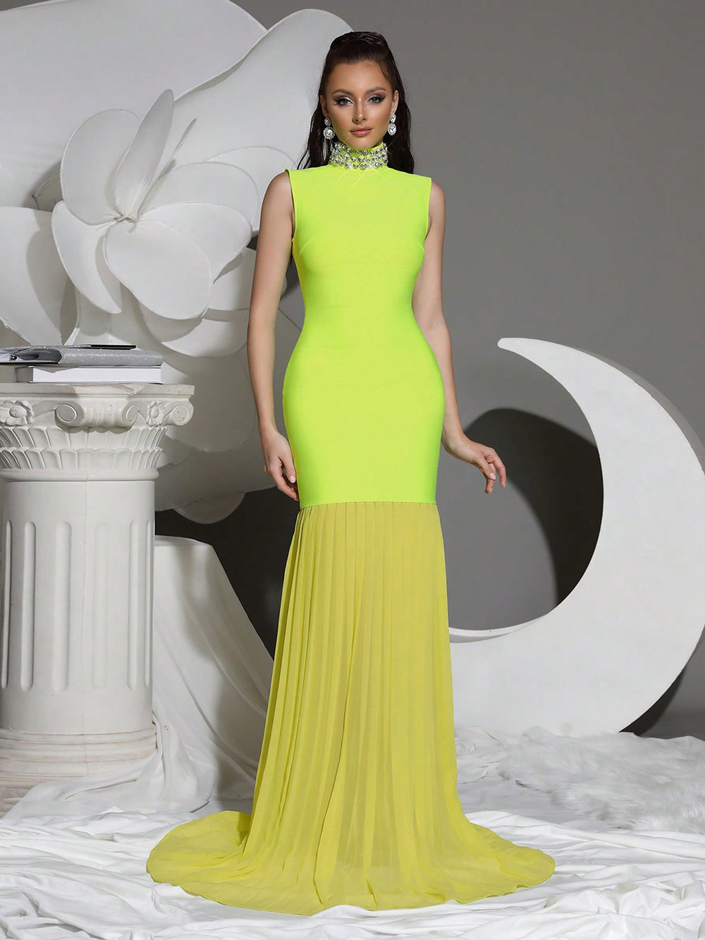 Flowering Girl Women Amy Mesh Stitching Diamond High Collar Bandage Maxi Dress In Green