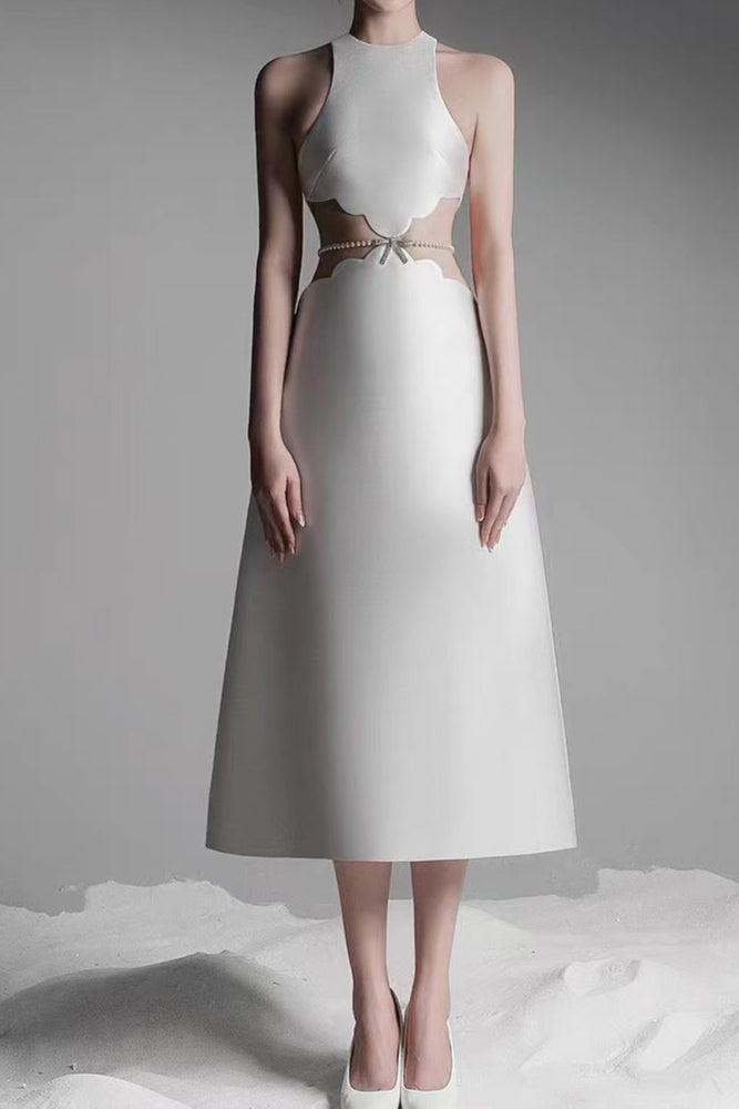 Flowering Girl Women anila pearl chain embellished midi dress in apricot