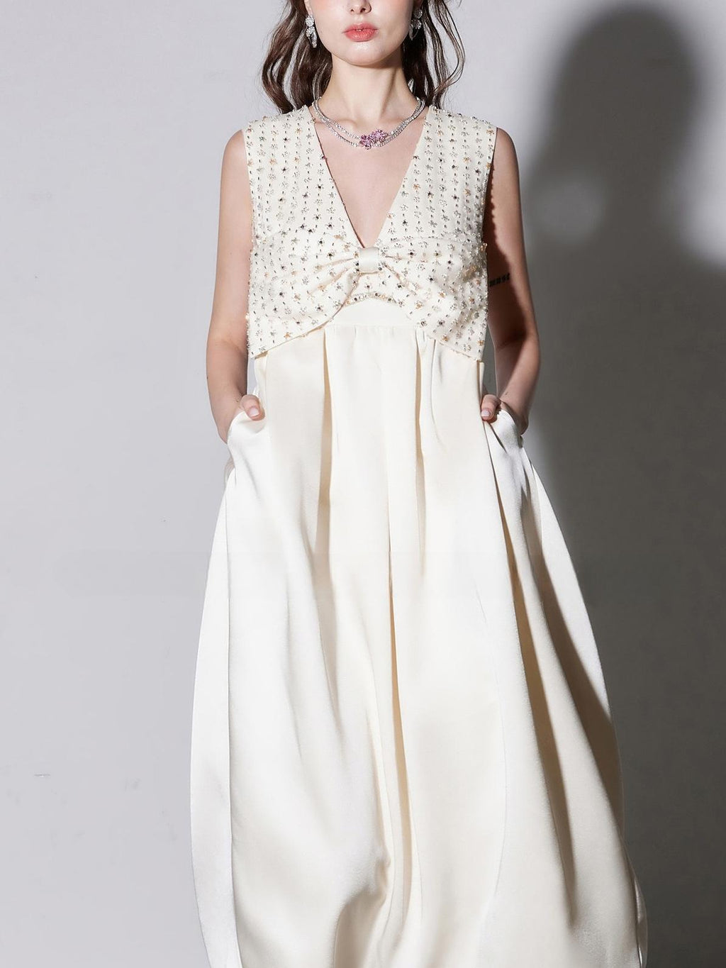 Flowering Girl Women Alva v-Neck Rhinestone Embroidery Satin Maxi Dress In White