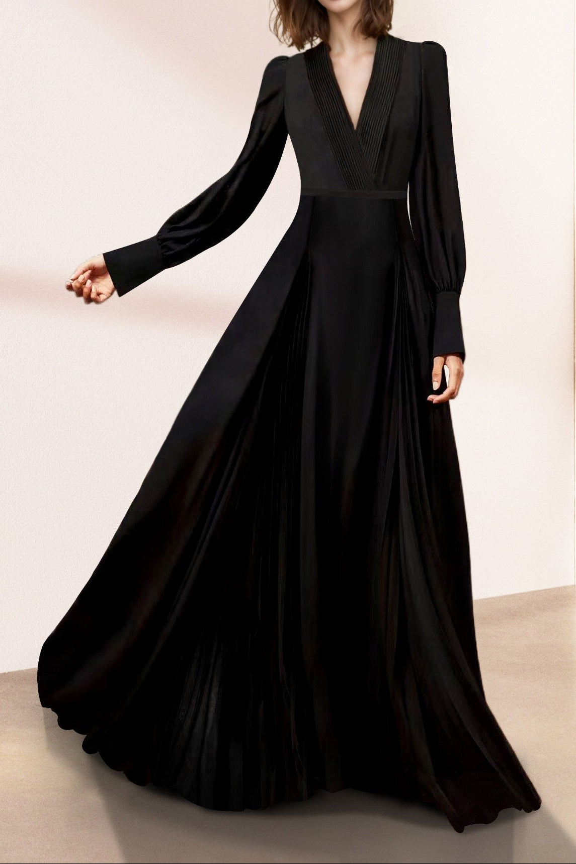 Black V-Neck Long Sleeves Maxi Dress
