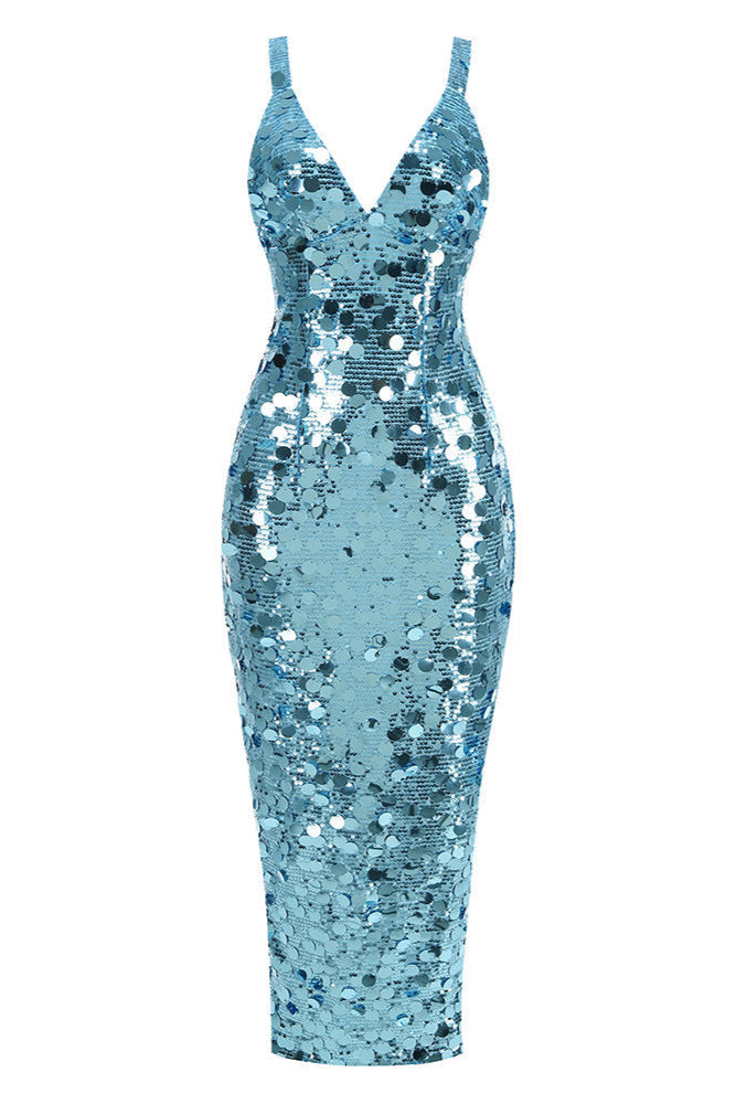 carlin Sequin Deep V Strapless Maxi Dress in blue