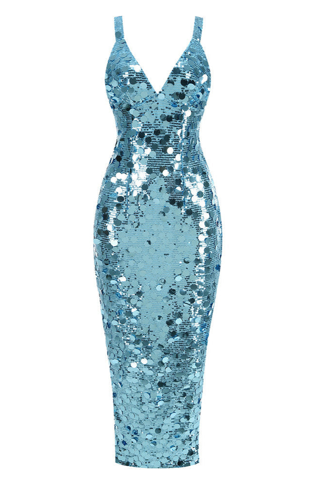 Carlin Sequin Deep V Strapless Maxi Dress In Blue