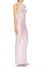 Hollow Mesh Rhinestone Sleeveless maxi Dress in pink