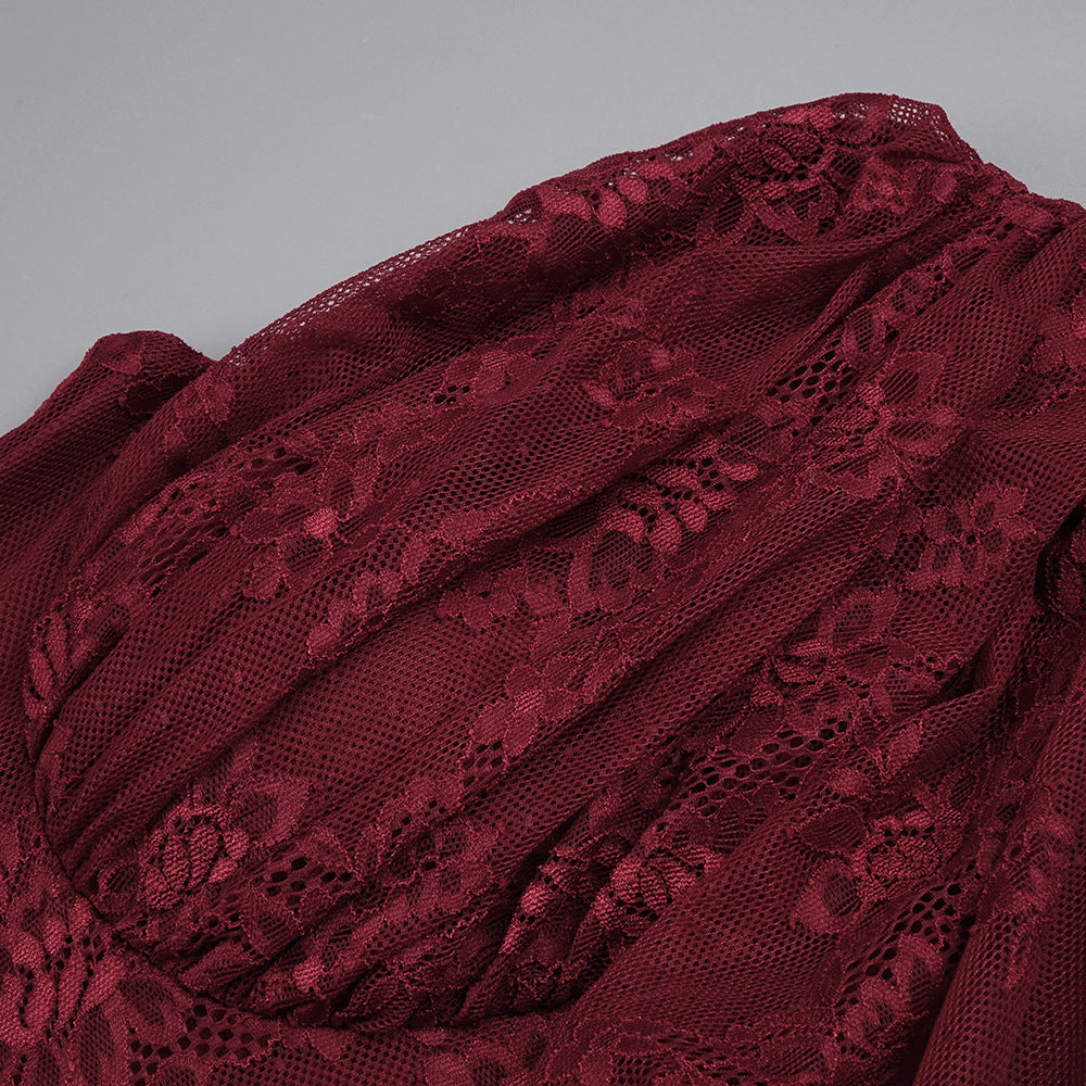Wendy One-Shoulder Lace Maxi Dress In Burgundy